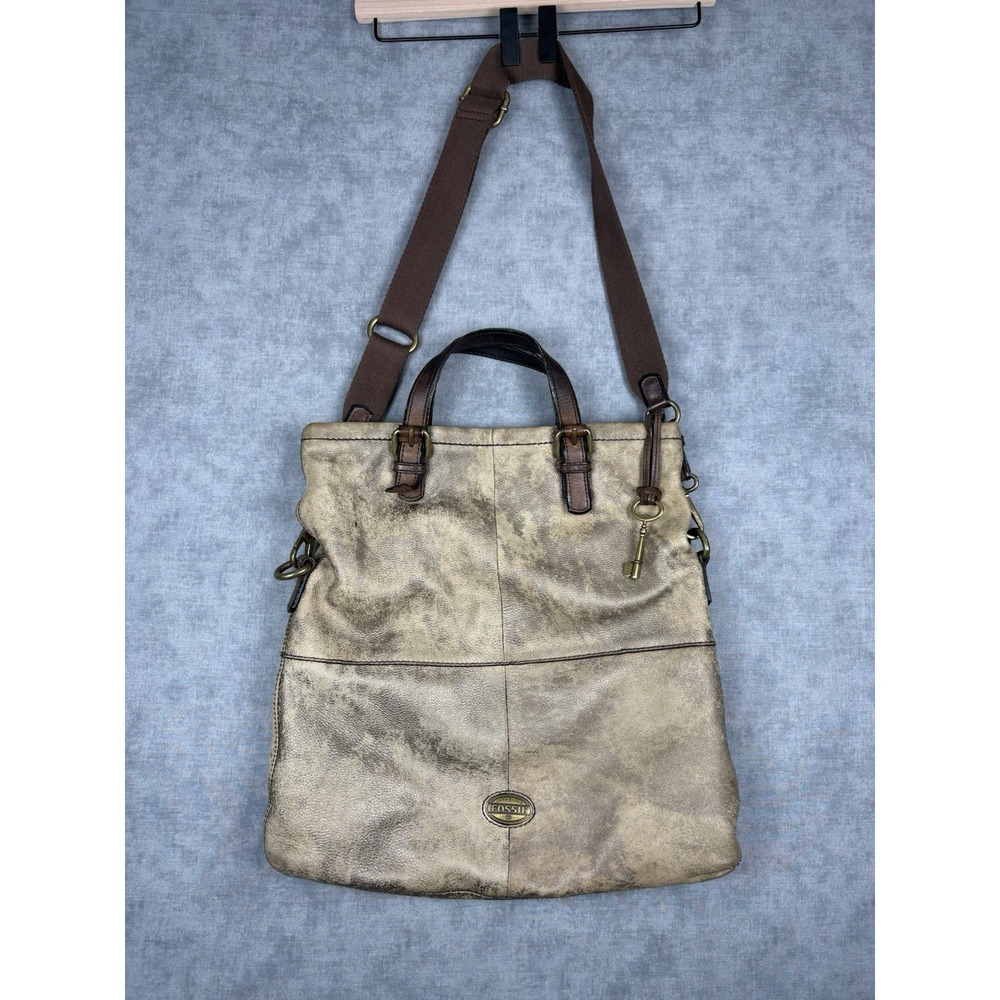Vintage Fossil Leather Tote Crossbody Handbag Key Charm Distressed 15x14